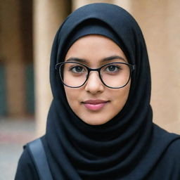 A young girl wearing a modern black hijab and a pair of stylish glasses