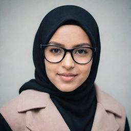 A young girl wearing a modern black hijab and a pair of stylish glasses