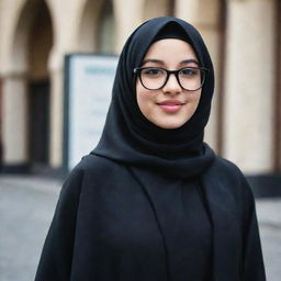 A young girl wearing a modern black hijab and a pair of stylish glasses