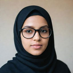 A young girl wearing a modern black hijab and a pair of stylish glasses