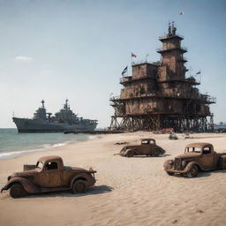 A dieselpunk-style beach scene, reflecting the aesthetics of diesel-based, interwar technology, rusty iron structures, vintage beach gear, and daunting warships in the distance