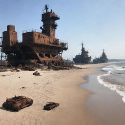 A dieselpunk-style beach scene, reflecting the aesthetics of diesel-based, interwar technology, rusty iron structures, vintage beach gear, and daunting warships in the distance