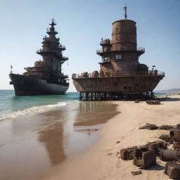 A dieselpunk-style beach scene, reflecting the aesthetics of diesel-based, interwar technology, rusty iron structures, vintage beach gear, and daunting warships in the distance