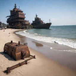 A dieselpunk-style beach scene, reflecting the aesthetics of diesel-based, interwar technology, rusty iron structures, vintage beach gear, and daunting warships in the distance