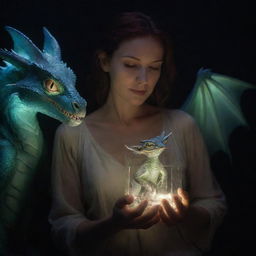 A woman cradling a baby dragon, both enclosed in a mystical glowing box, illuminated sharply by an overhead dim light. The woman holds a delicate glass, her expression a mixture of fascination and maternal fondness