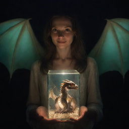 A woman cradling a baby dragon, both enclosed in a mystical glowing box, illuminated sharply by an overhead dim light. The woman holds a delicate glass, her expression a mixture of fascination and maternal fondness