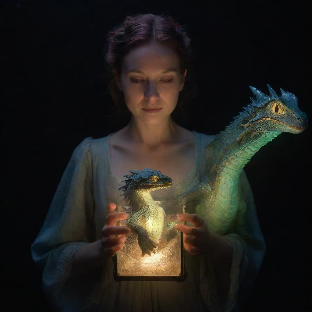 A woman cradling a baby dragon, both enclosed in a mystical glowing box, illuminated sharply by an overhead dim light. The woman holds a delicate glass, her expression a mixture of fascination and maternal fondness