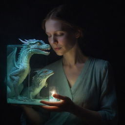 A woman cradling a baby dragon, both enclosed in a mystical glowing box, illuminated sharply by an overhead dim light. The woman holds a delicate glass, her expression a mixture of fascination and maternal fondness