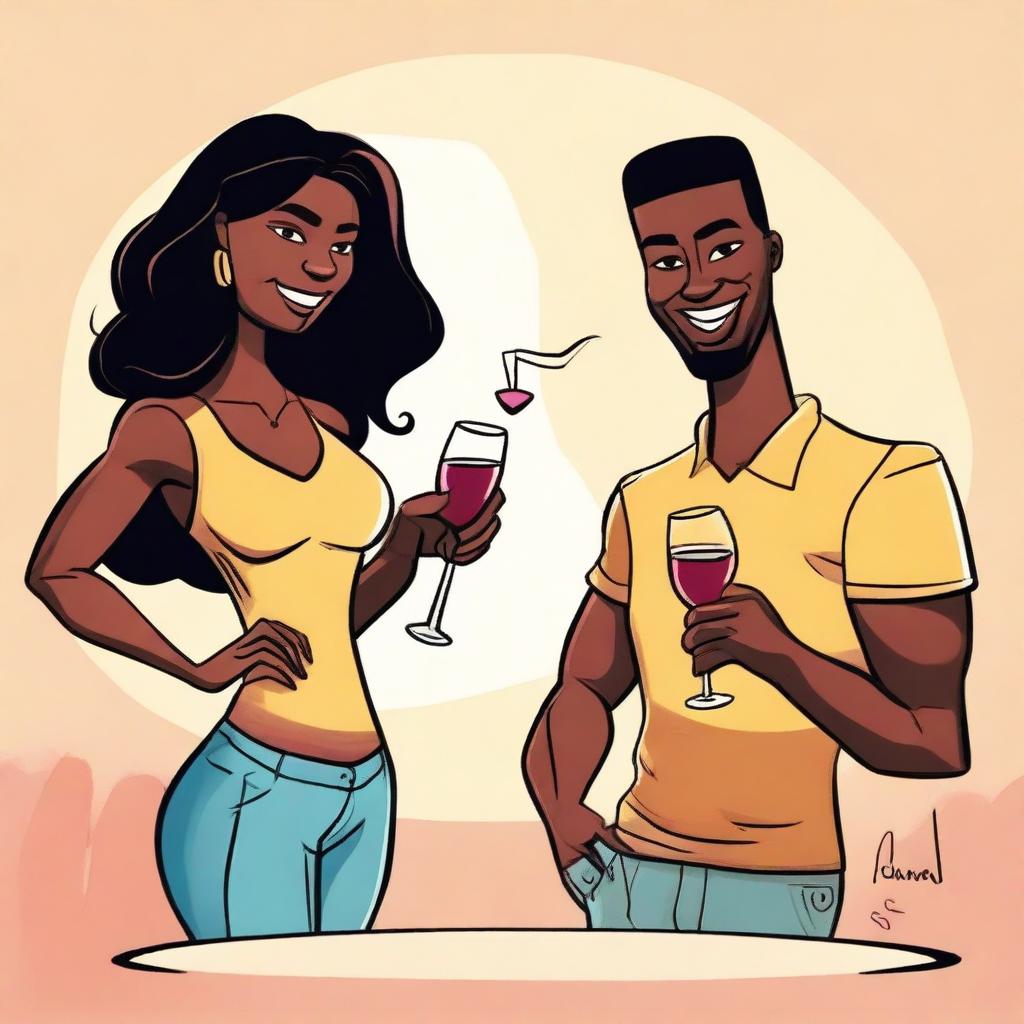 A vibrant cartoon image featuring a couple in a relaxed setting