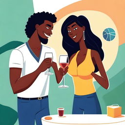 A vibrant cartoon image featuring a couple in a relaxed setting