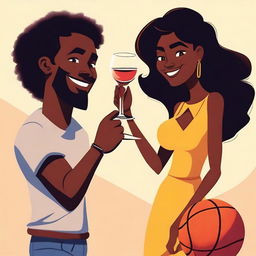 A vibrant cartoon image featuring a couple in a relaxed setting