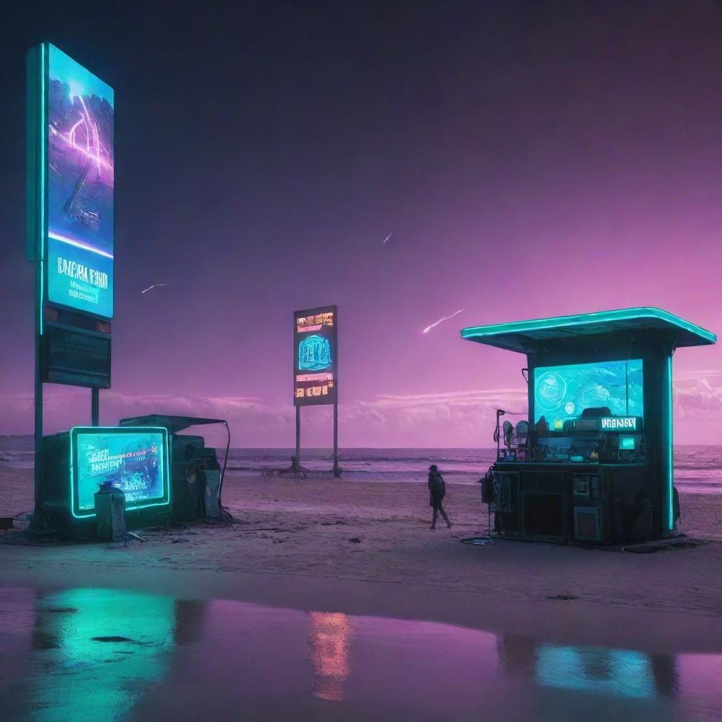 A cyberpunk-style beach scenario with high-tech, dystopian elements: neon-lit beach gear, futuristic digital billboards, and a polluted ocean colored by the glow of a digital sky