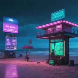 A cyberpunk-style beach scenario with high-tech, dystopian elements: neon-lit beach gear, futuristic digital billboards, and a polluted ocean colored by the glow of a digital sky