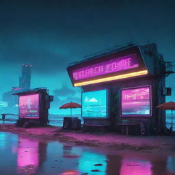 A cyberpunk-style beach scenario with high-tech, dystopian elements: neon-lit beach gear, futuristic digital billboards, and a polluted ocean colored by the glow of a digital sky