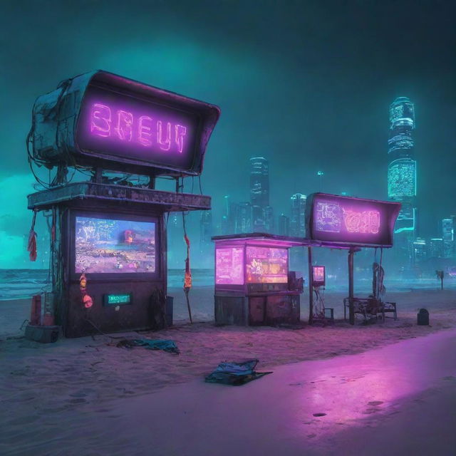 A cyberpunk-style beach scenario with high-tech, dystopian elements: neon-lit beach gear, futuristic digital billboards, and a polluted ocean colored by the glow of a digital sky