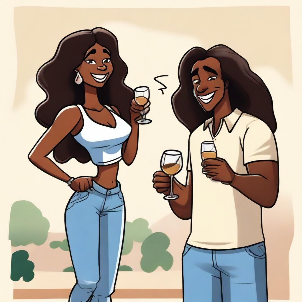 An engaging cartoon image showcasing a couple in a casual setting