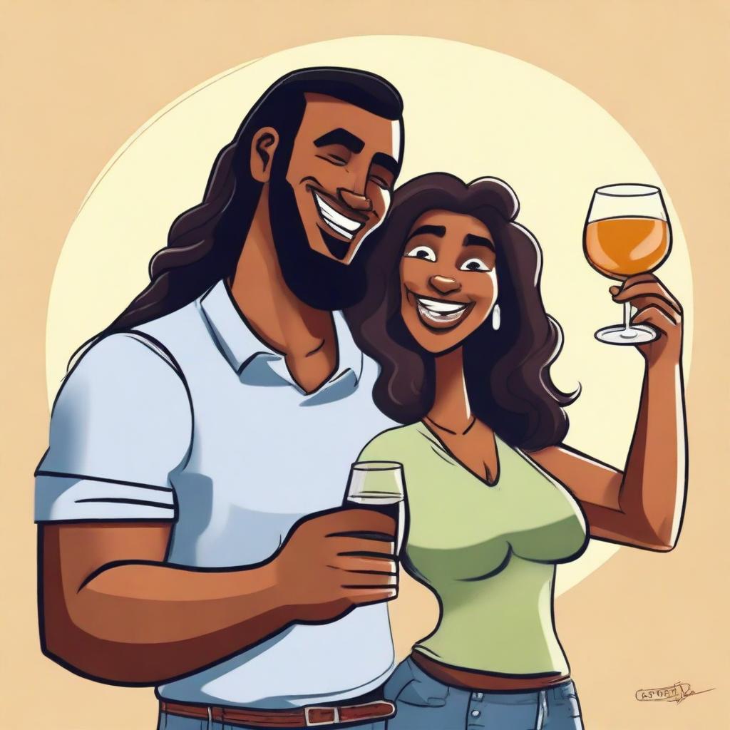 An engaging cartoon image showcasing a couple in a casual setting