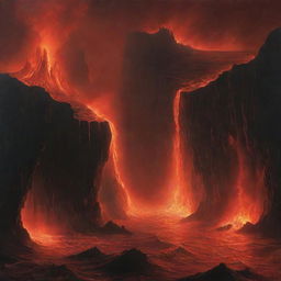 A surrealist depiction of the underworld, filled with fiery landscapes, towering cliffs, and roiling seas of lava. All is illuminated by a blazing, yet ominous red glow.