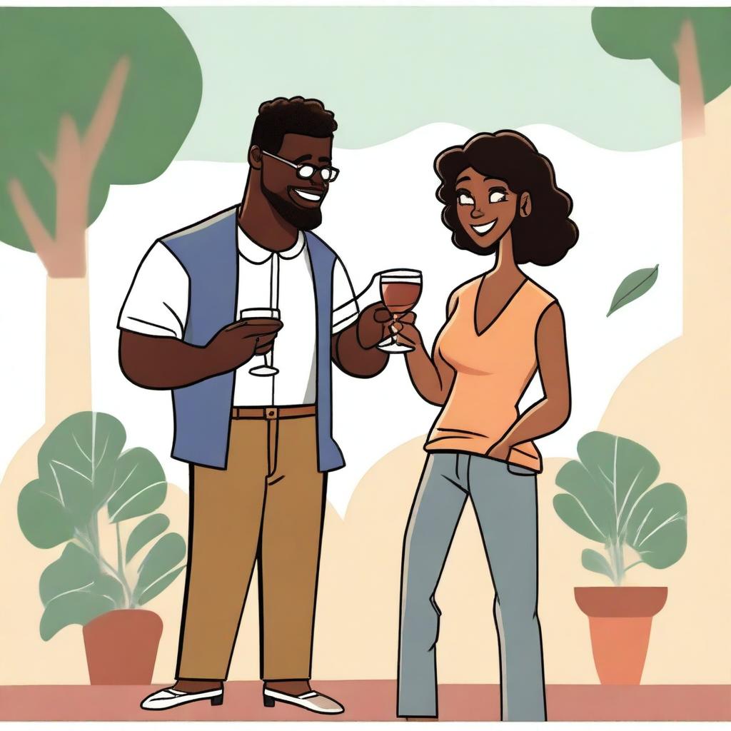 A high-quality cartoon image presents a couple in a casual setting