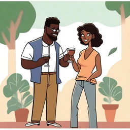 A high-quality cartoon image presents a couple in a casual setting