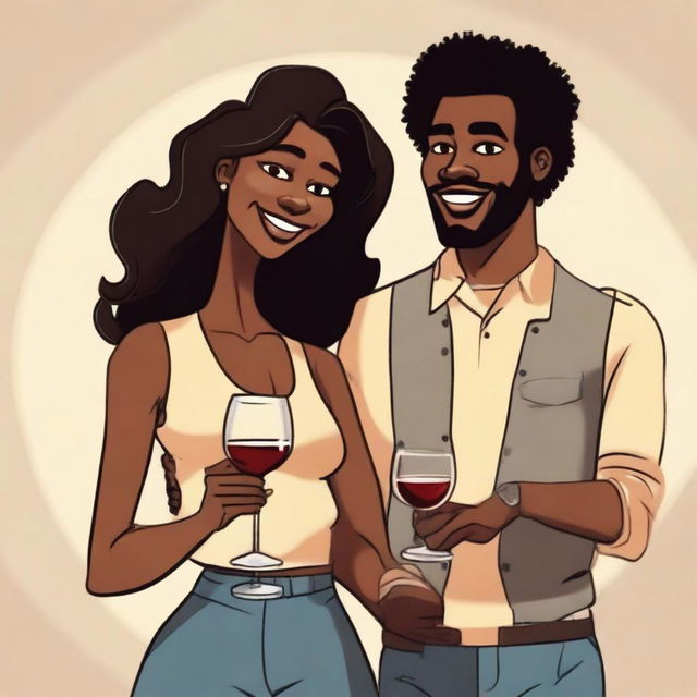 A high-quality cartoon image presents a couple in a casual setting