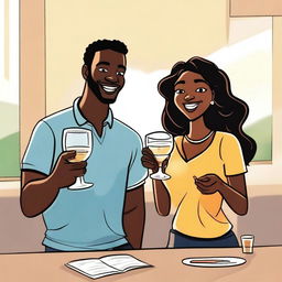 A high-quality cartoon image presents a couple in a casual setting