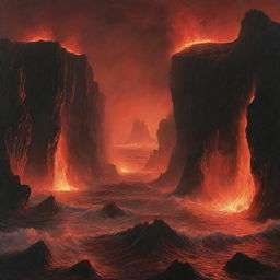 A surrealist depiction of the underworld, filled with fiery landscapes, towering cliffs, and roiling seas of lava. All is illuminated by a blazing, yet ominous red glow.