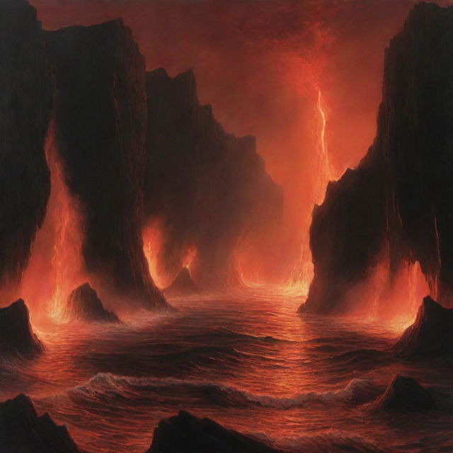 A surrealist depiction of the underworld, filled with fiery landscapes, towering cliffs, and roiling seas of lava. All is illuminated by a blazing, yet ominous red glow.