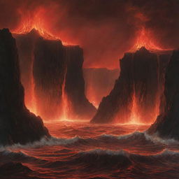 A surrealist depiction of the underworld, filled with fiery landscapes, towering cliffs, and roiling seas of lava. All is illuminated by a blazing, yet ominous red glow.