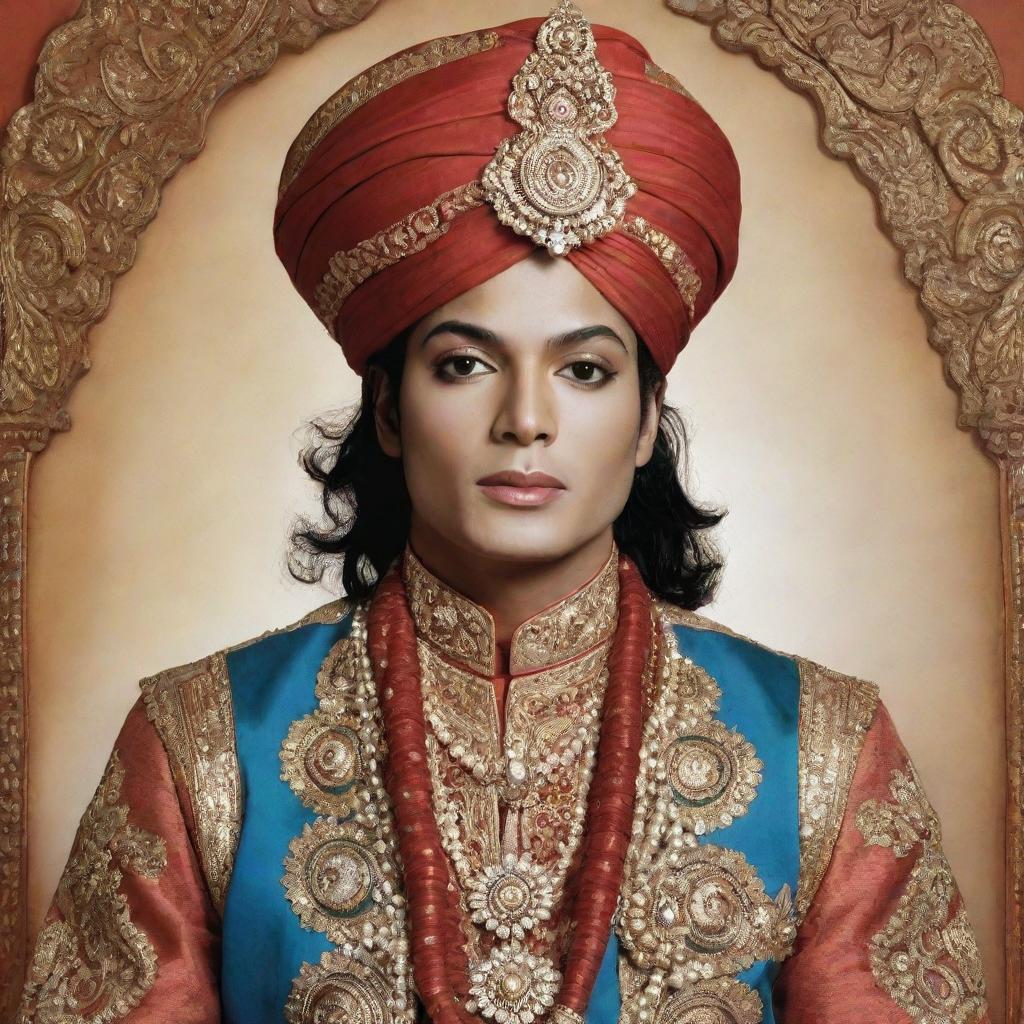 Create an image of Michael Jackson dressed in traditional Hindu attire, complete with a turban and other associated adornments.