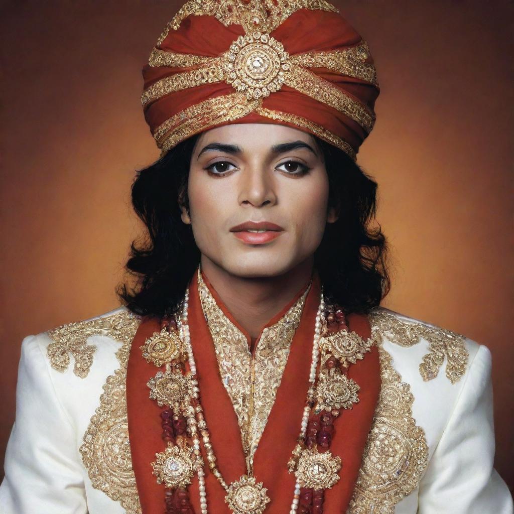 Create an image of Michael Jackson dressed in traditional Hindu attire, complete with a turban and other associated adornments.