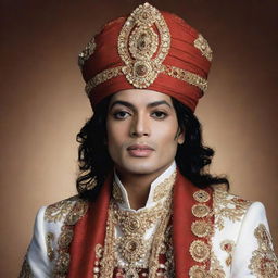 Create an image of Michael Jackson dressed in traditional Hindu attire, complete with a turban and other associated adornments.