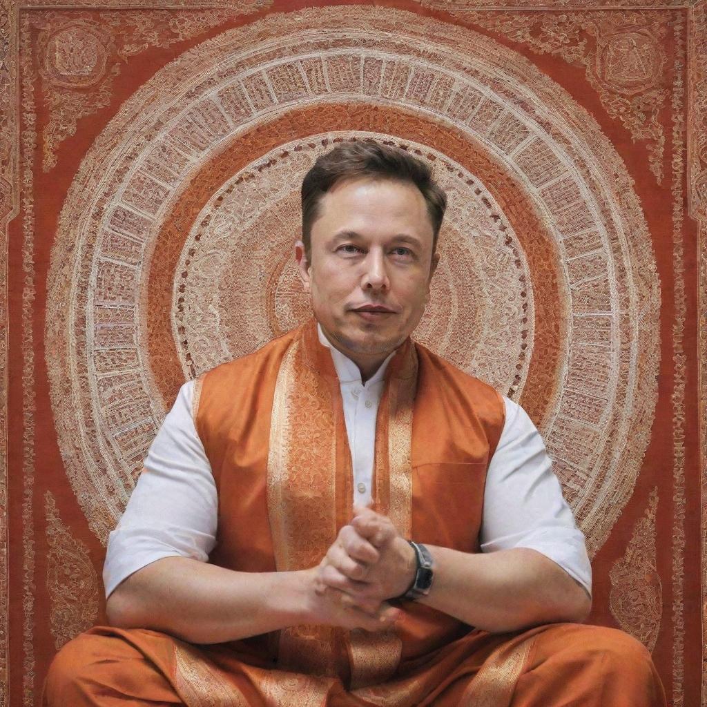 A respectful depiction of Elon Musk adorned in traditional Hindu attire with Sanskrit scriptures in the background.