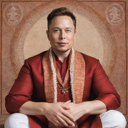 A respectful depiction of Elon Musk adorned in traditional Hindu attire with Sanskrit scriptures in the background.