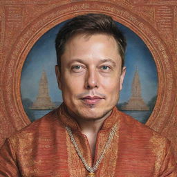 A respectful depiction of Elon Musk adorned in traditional Hindu attire with Sanskrit scriptures in the background.