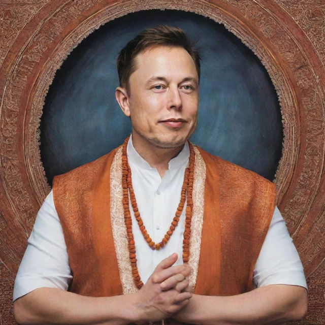 A respectful depiction of Elon Musk adorned in traditional Hindu attire with Sanskrit scriptures in the background.