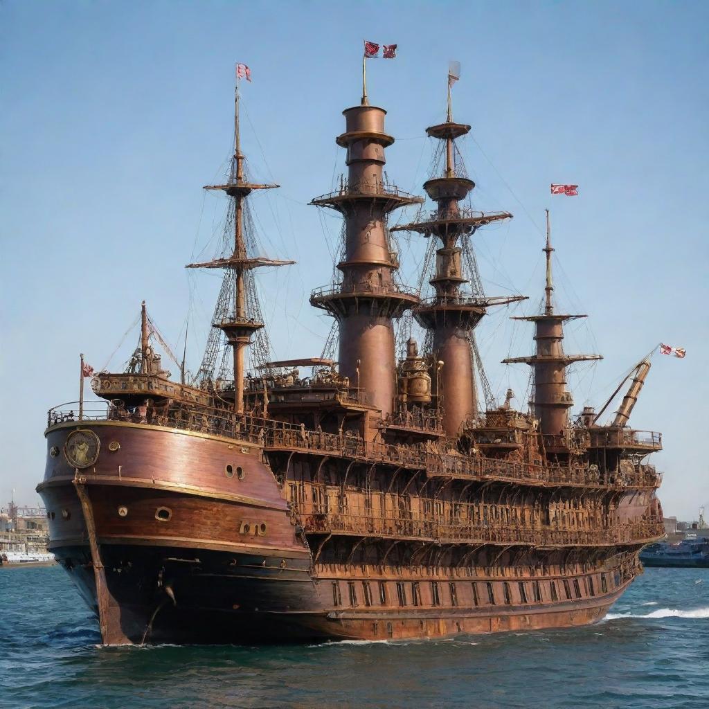 Steampunk-style ships, designed with industrial 19th-century steam-powered machinery, intricate gears, brass and copper elements, and Victorian embellishments