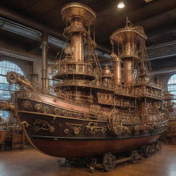 Steampunk-style ships, designed with industrial 19th-century steam-powered machinery, intricate gears, brass and copper elements, and Victorian embellishments