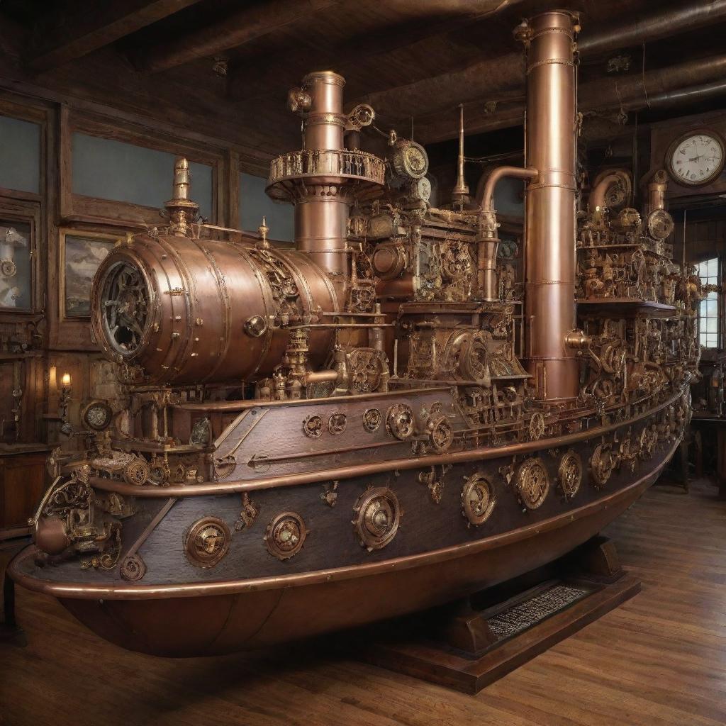 Steampunk-style ships, designed with industrial 19th-century steam-powered machinery, intricate gears, brass and copper elements, and Victorian embellishments