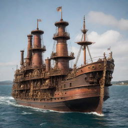 Steampunk-style ships, designed with industrial 19th-century steam-powered machinery, intricate gears, brass and copper elements, and Victorian embellishments