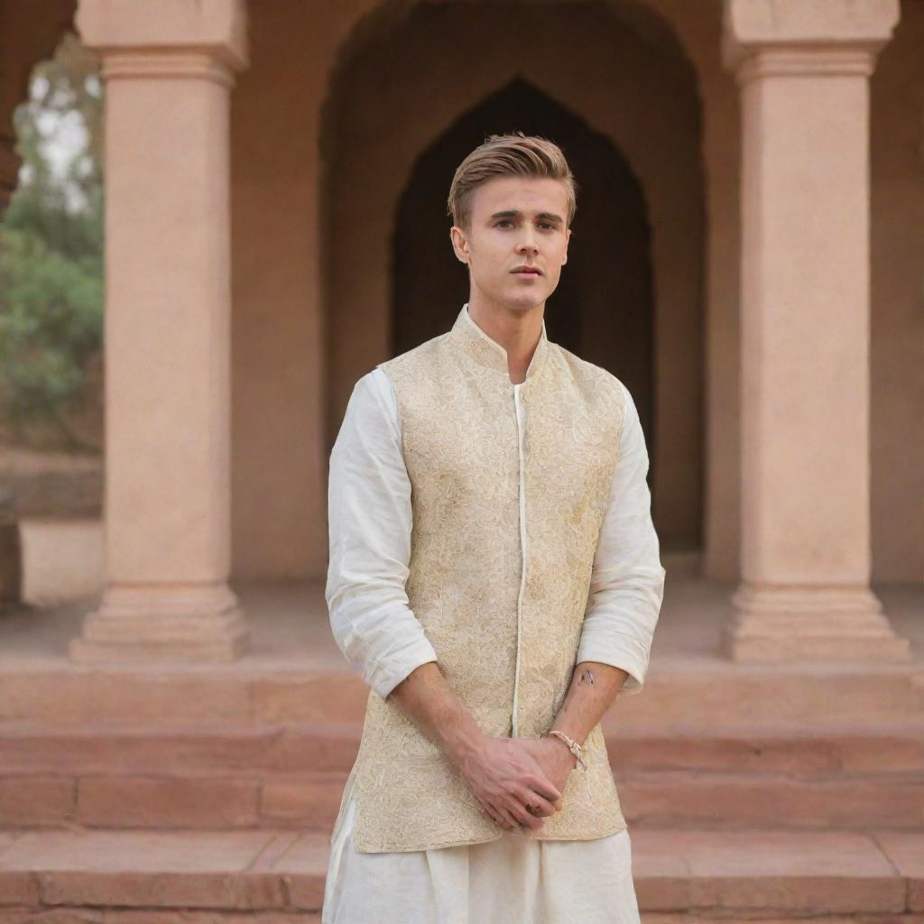 A respectful portrayal of Justin Bieber dressed in traditional Hindi attire, surrounded by a serene Indian cultural setting.