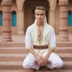 A respectful portrayal of Justin Bieber dressed in traditional Hindi attire, surrounded by a serene Indian cultural setting.