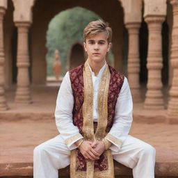 A respectful portrayal of Justin Bieber dressed in traditional Hindi attire, surrounded by a serene Indian cultural setting.