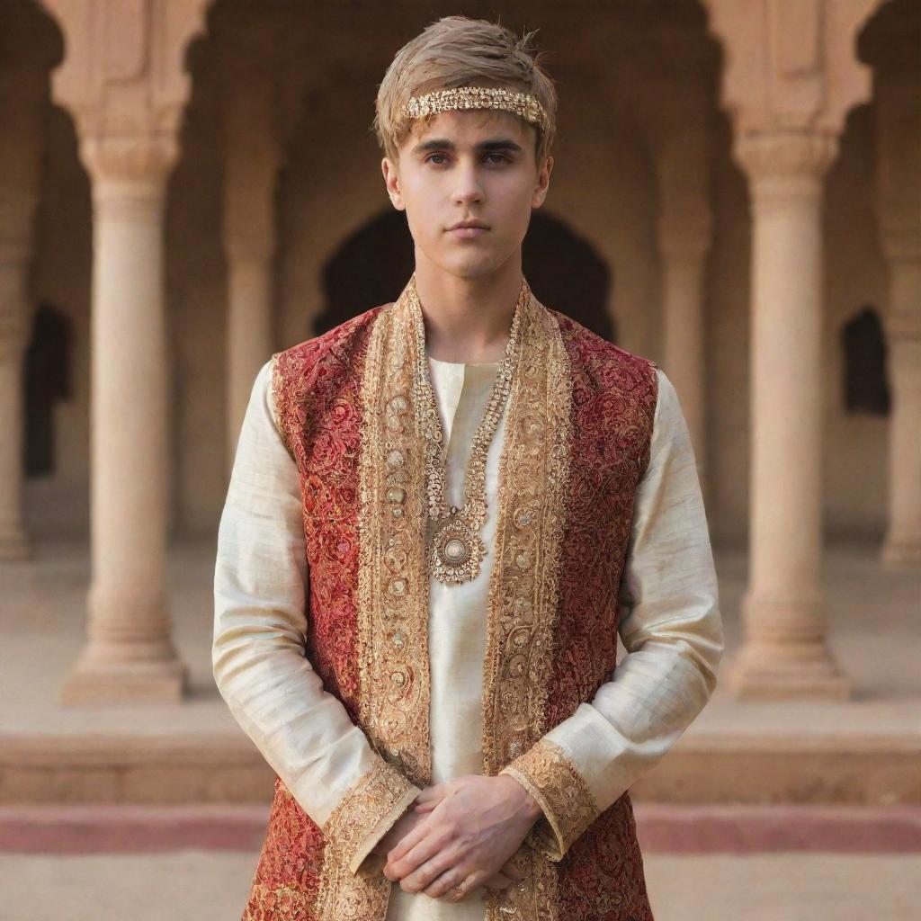 A respectful portrayal of Justin Bieber dressed in traditional Hindi attire, surrounded by a serene Indian cultural setting.