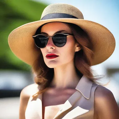She wore a stylish hat that served as a shelter from the sun.