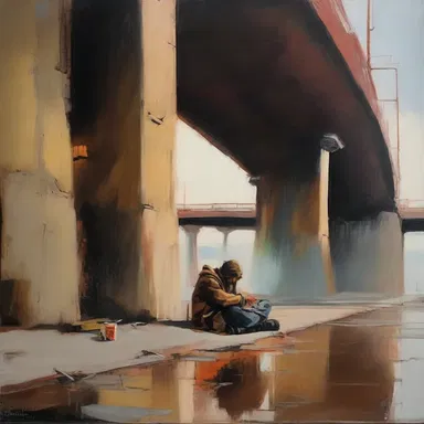 The painting depicted a homeless person seeking shelter under a bridge.