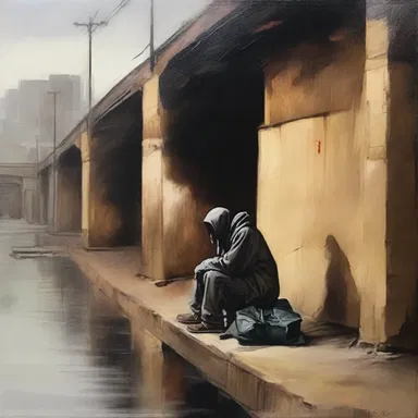 The painting depicted a homeless person seeking shelter under a bridge.