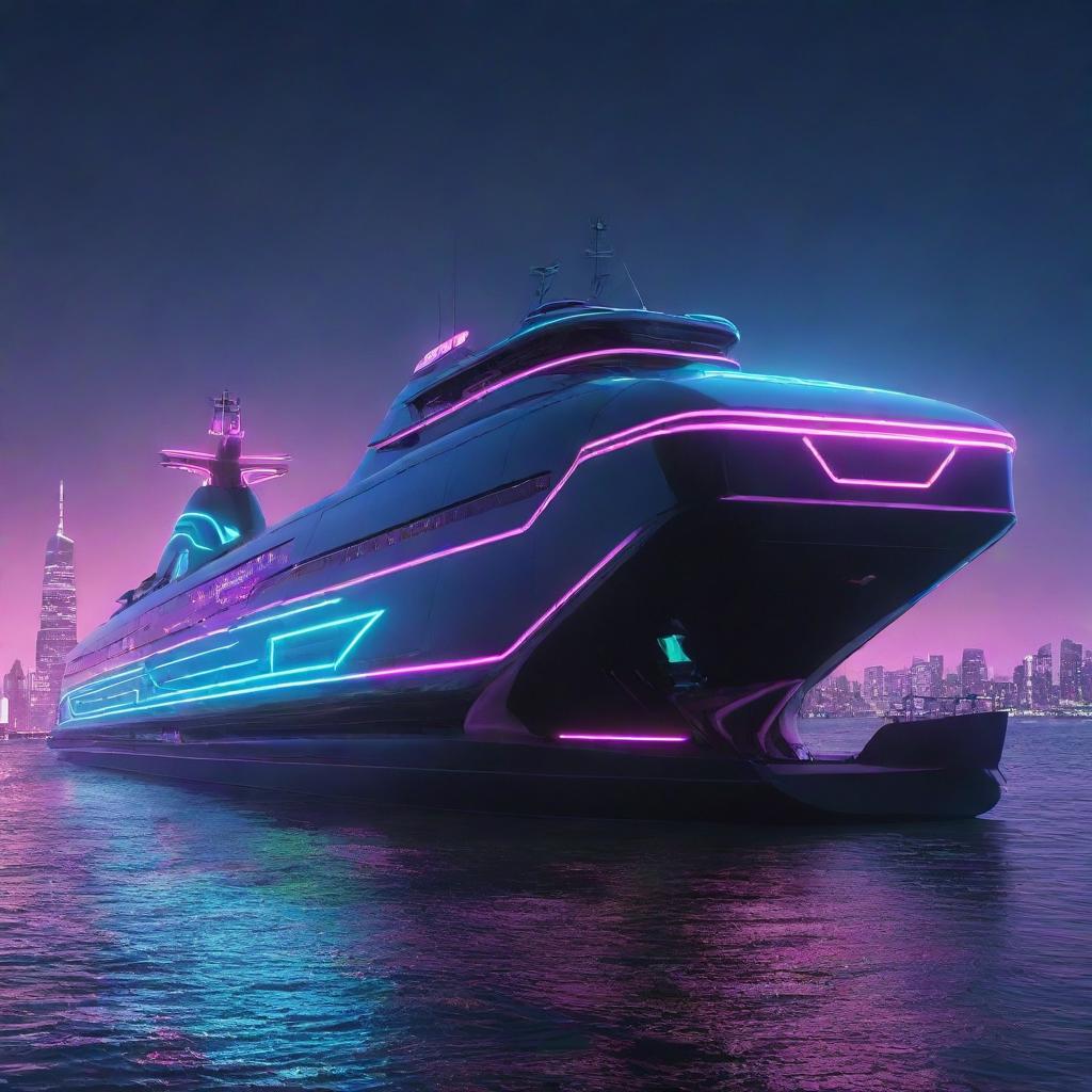 Electropunk-style ships with sleek, digital designs, vibrant neon lights, electronic gadgetry, and sleek, streamlined structures