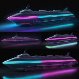 Electropunk-style ships with sleek, digital designs, vibrant neon lights, electronic gadgetry, and sleek, streamlined structures