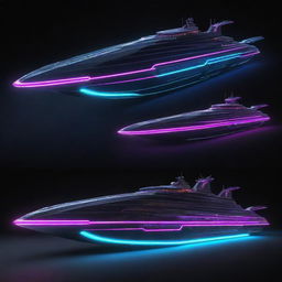 Electropunk-style ships with sleek, digital designs, vibrant neon lights, electronic gadgetry, and sleek, streamlined structures